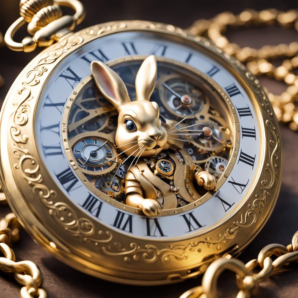Golden Pocket Watch with Mad Hatter Rabbit