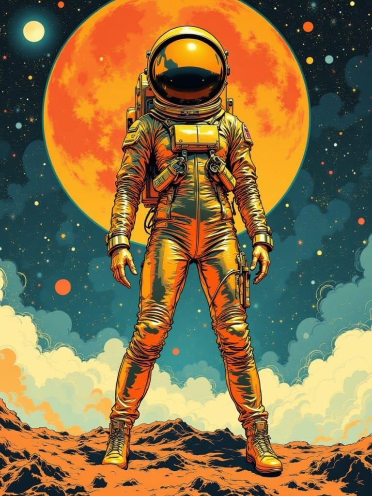 Pin Up Astronaut Woman on the Moon in Abstract Style