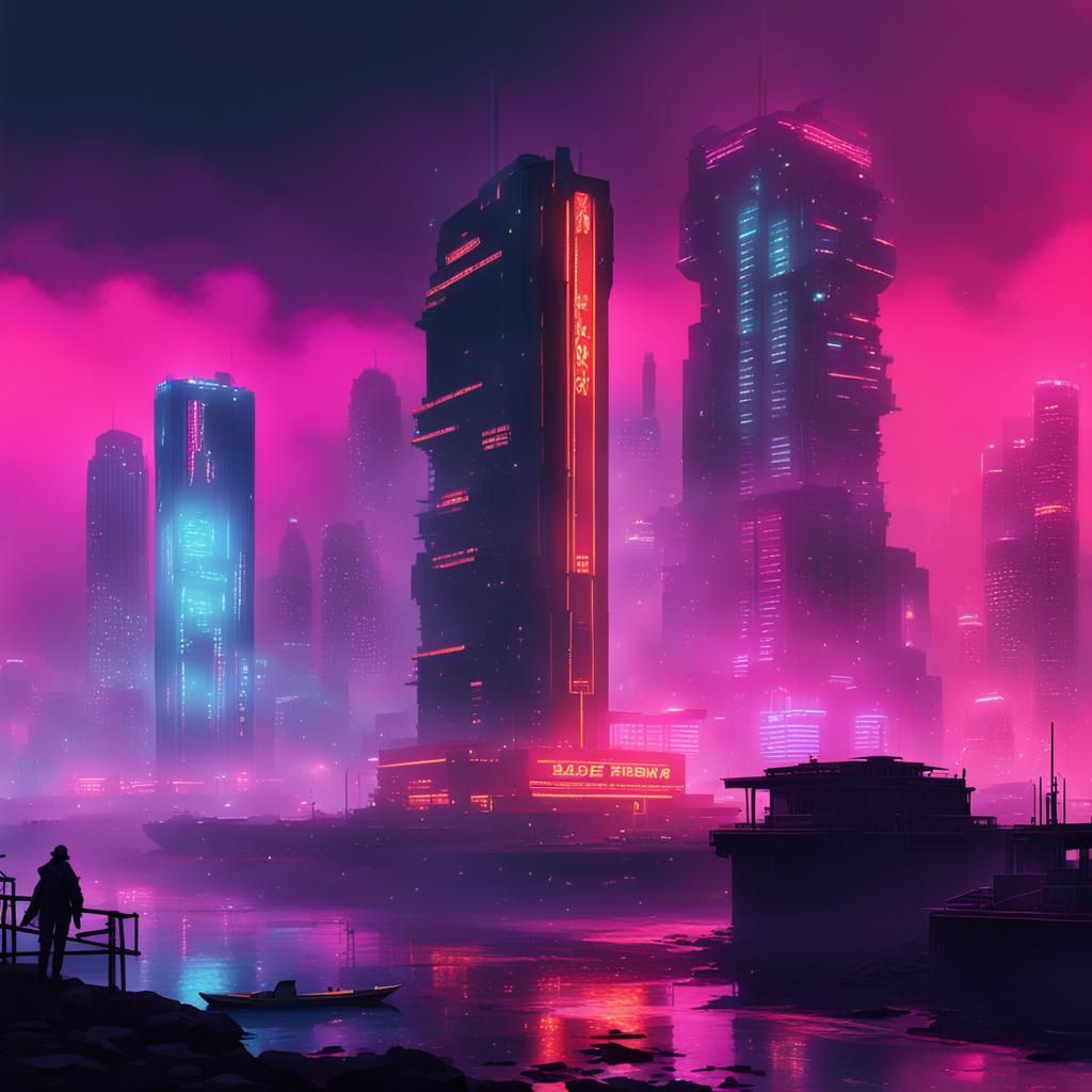 Cyberpunk Skyscraper on Seaside Harbor with Neon Lights
