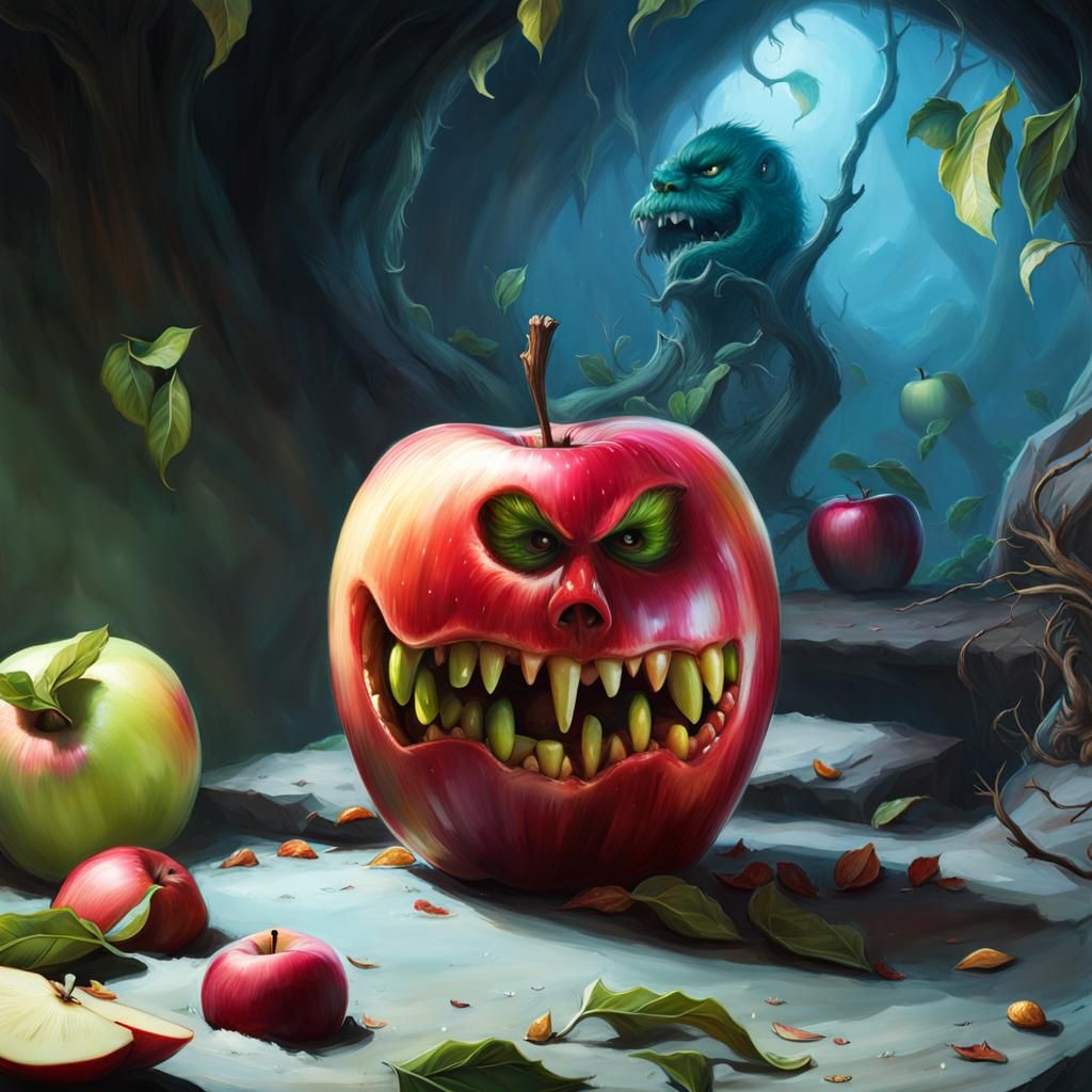 Hyperreal 3D Apple Monster in Fantasy Setting