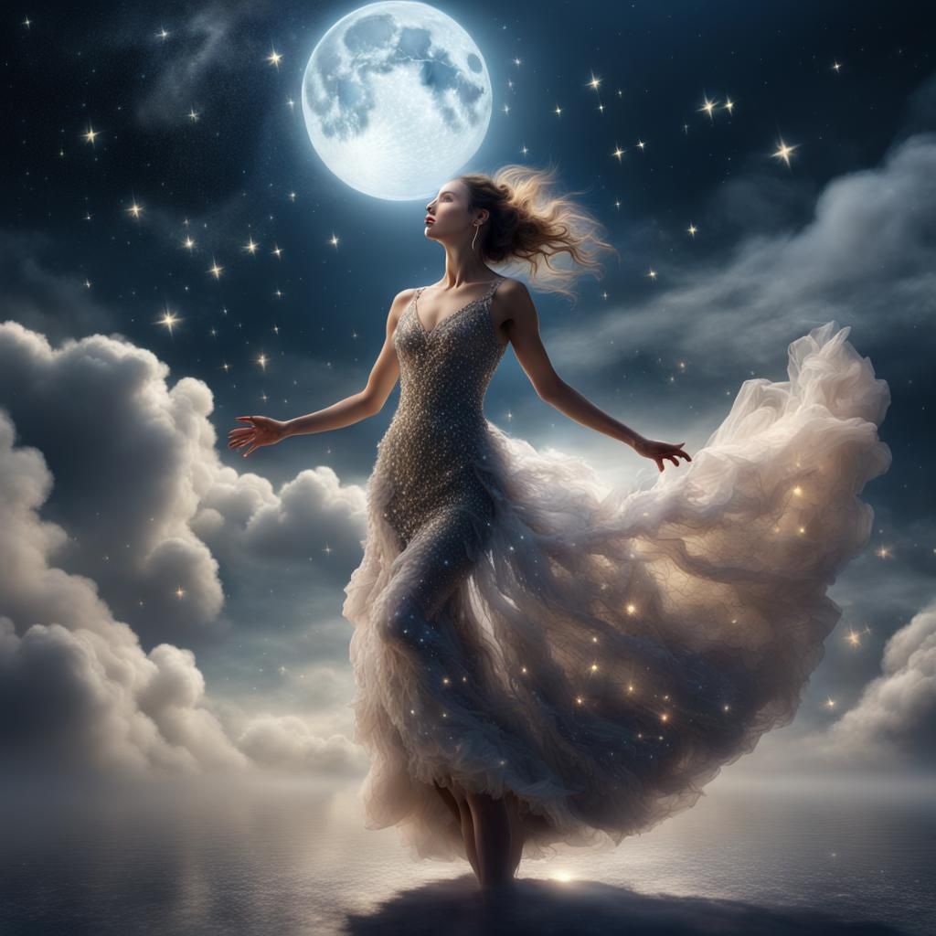 Woman Dancing on Cloud in Moonlight
