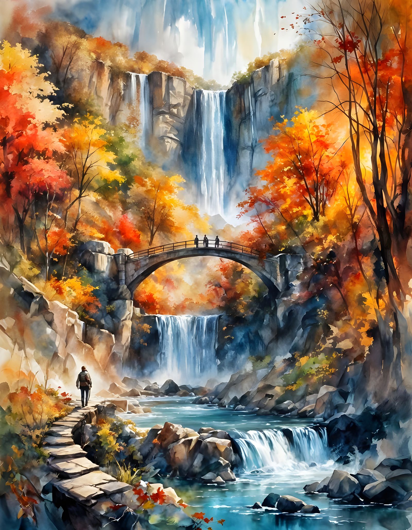 Autumn Waterfall Landscape with Hiker and Bridge
