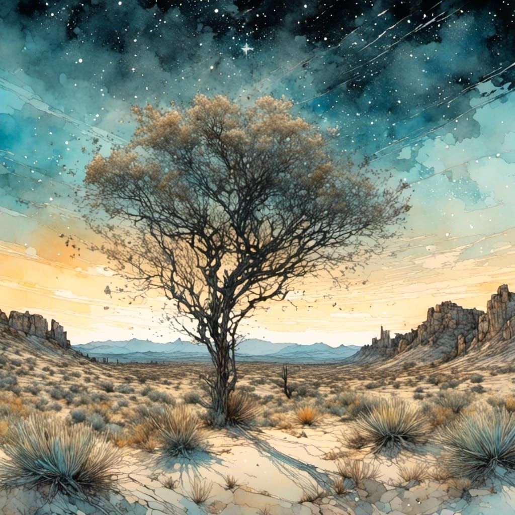 Desert Highlands Under Starlight: Polychromatic Digital Art