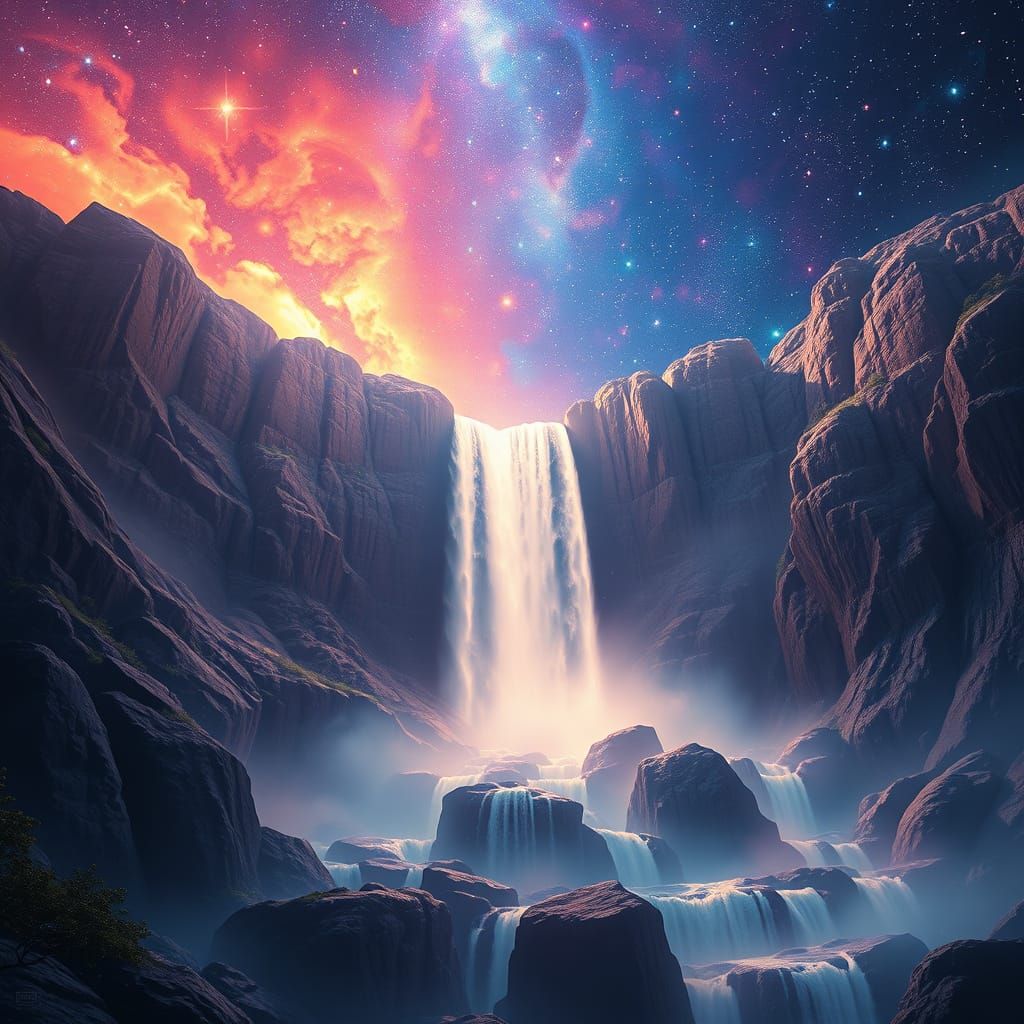 Nebula Waterfall in Prismatic Light: Digital Matte Painting