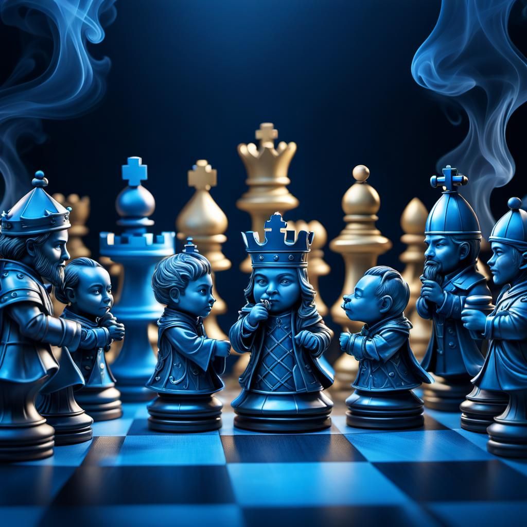 Chibi Chess Figures in Blue, Hyperdetailed Digital Art