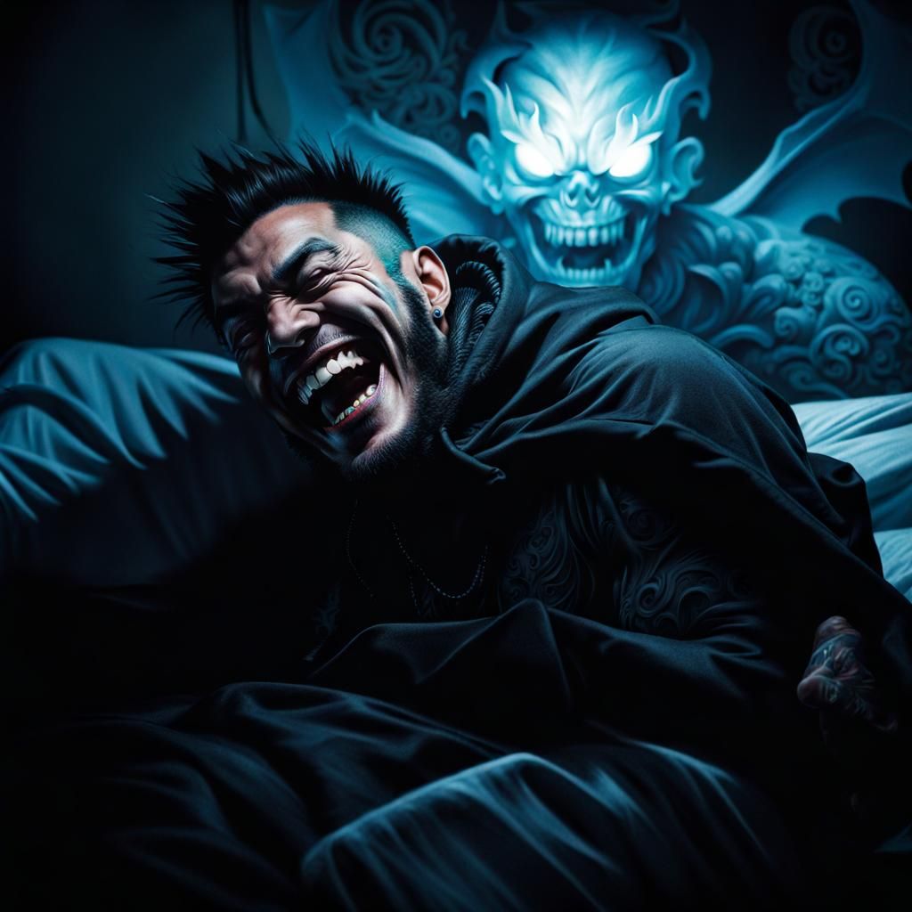Hyperrealistic Punk Man Laughing with Demon