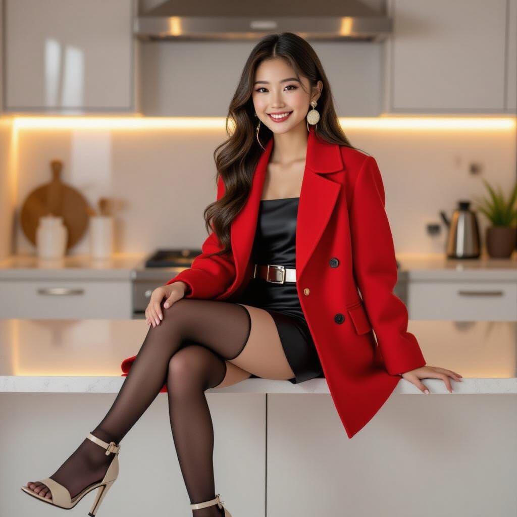 Teenager in Red Coat and Leather Dress on Kitchen Counter