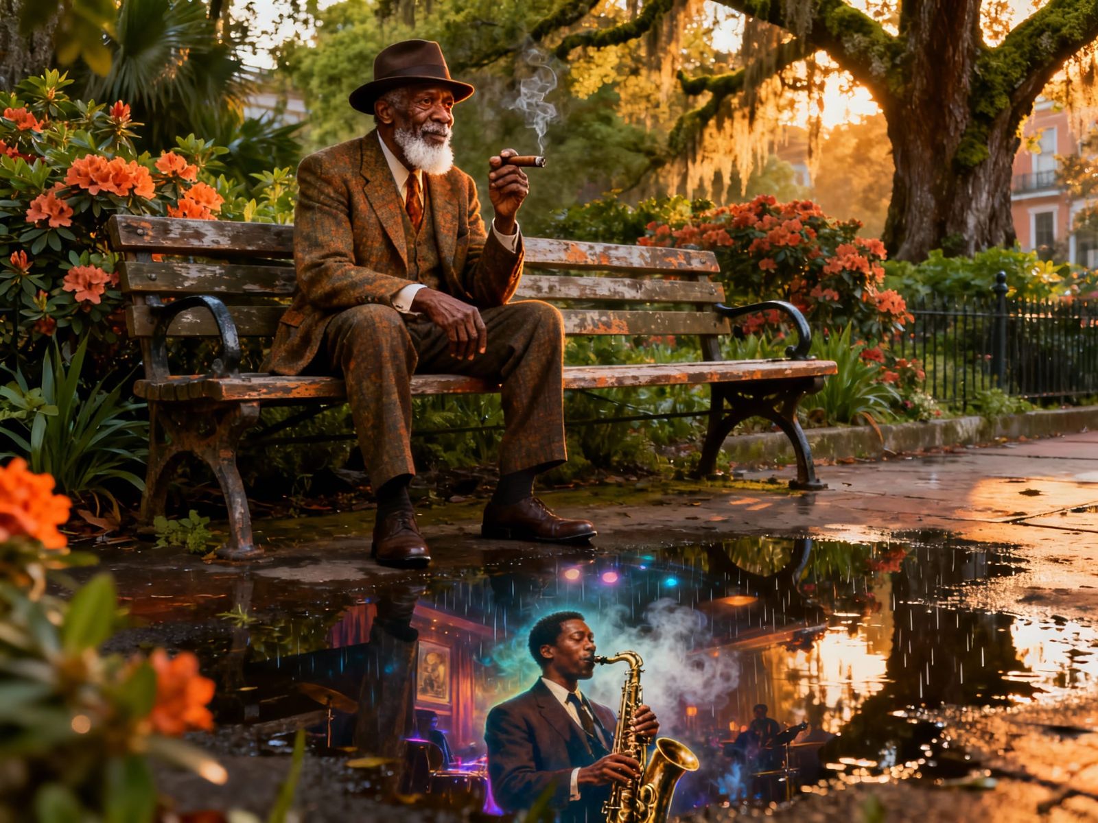 Elderly Man's Reflection in New Orleans Garden