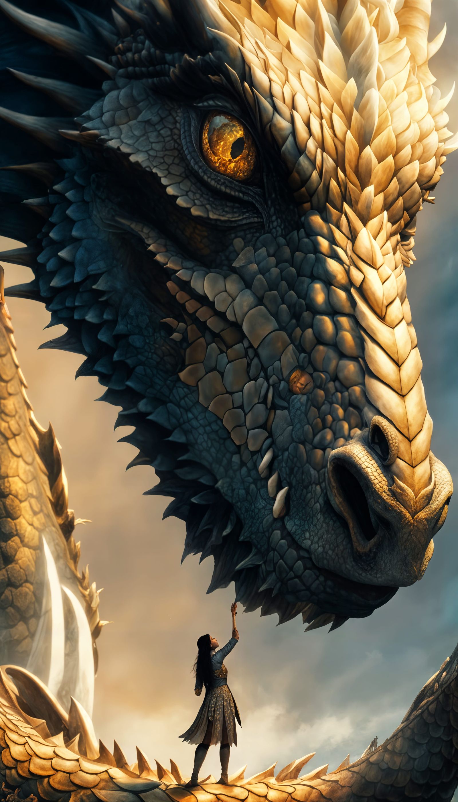 Woman Embracing Dragon in Ethereal Landscape