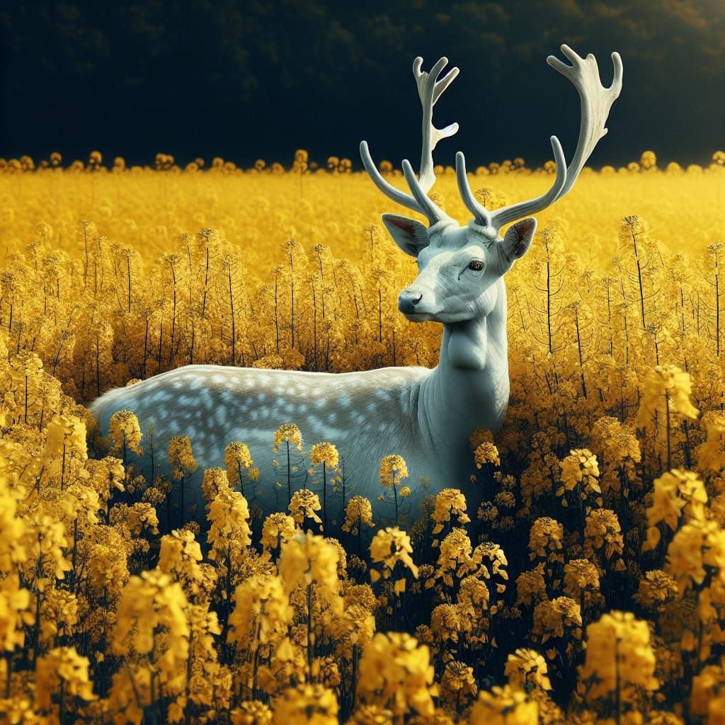 Majestic Leucistic Deer Stag in Vibrant Canola Field