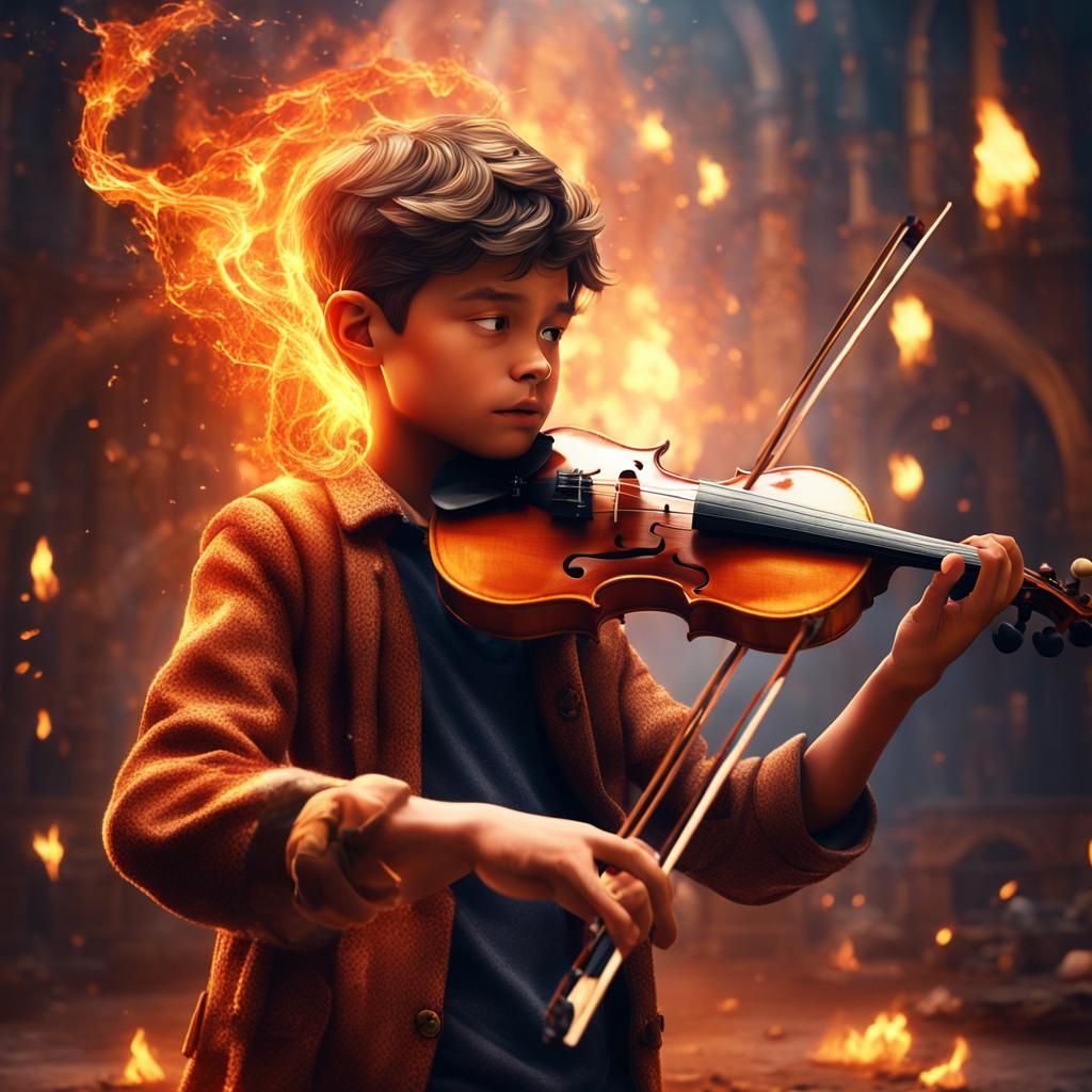 Fiery Violin Serenade: Magical Realism in Digital Art
