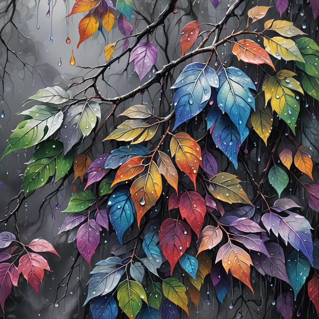 Rainbow Raindrops on Grayscale Autumn Leaves