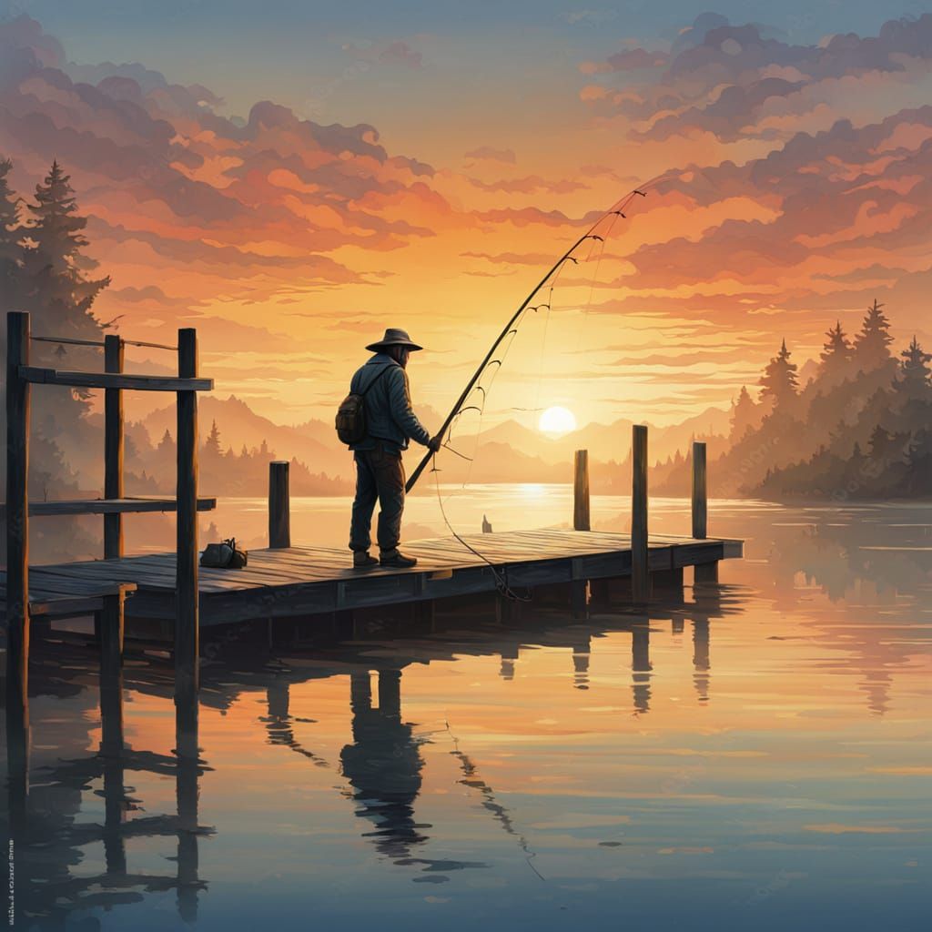 a lone fisherman on a small wooden dock at dawn