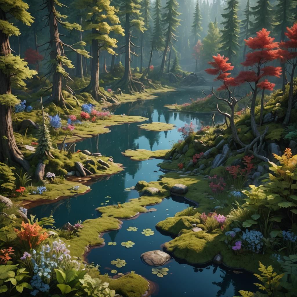 Fantasy Forest Lake in Detailed Digital Painting