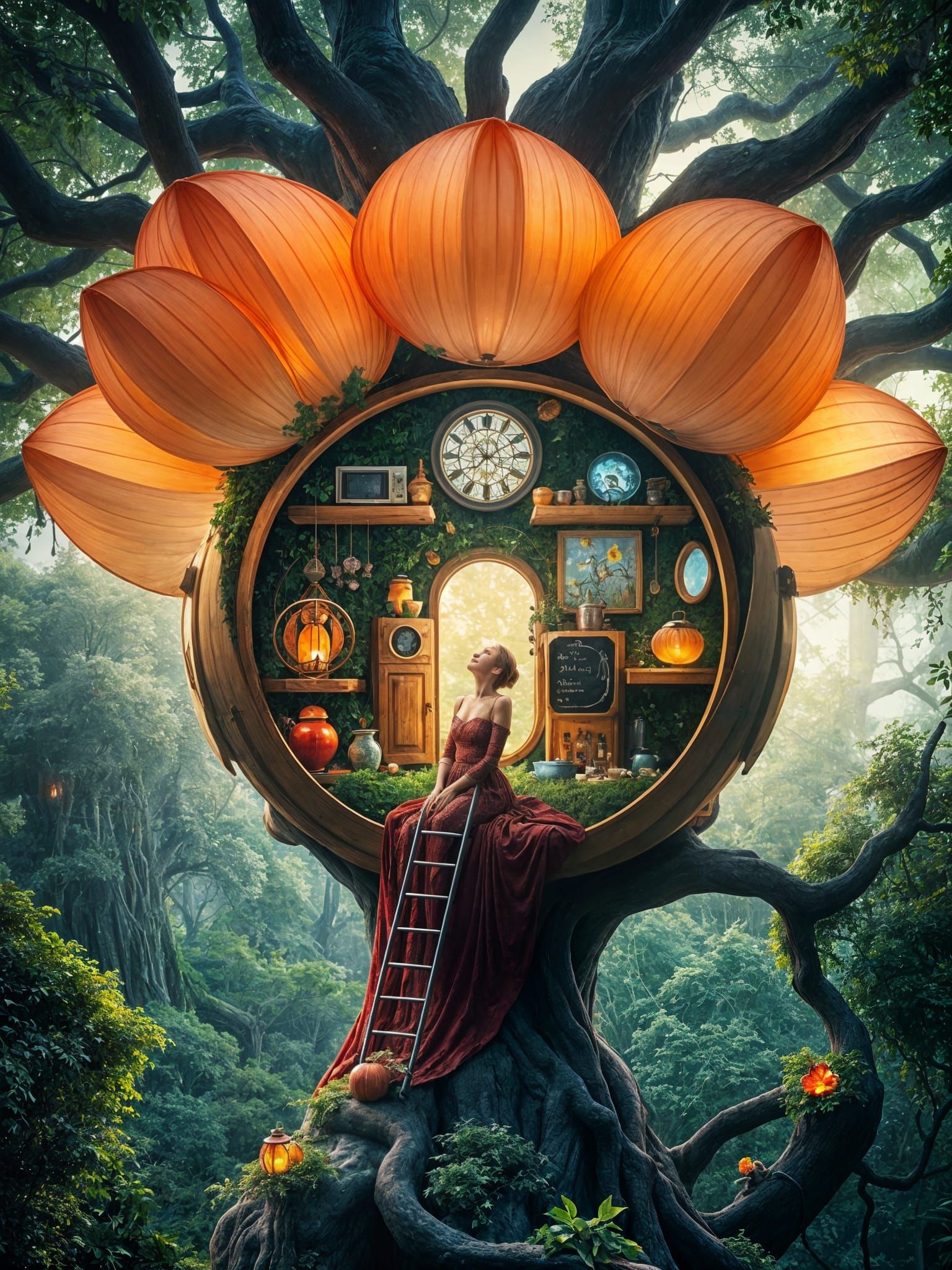 Whimsical Treehouse Blooms Within a Flower, Enchanted by Glo...
