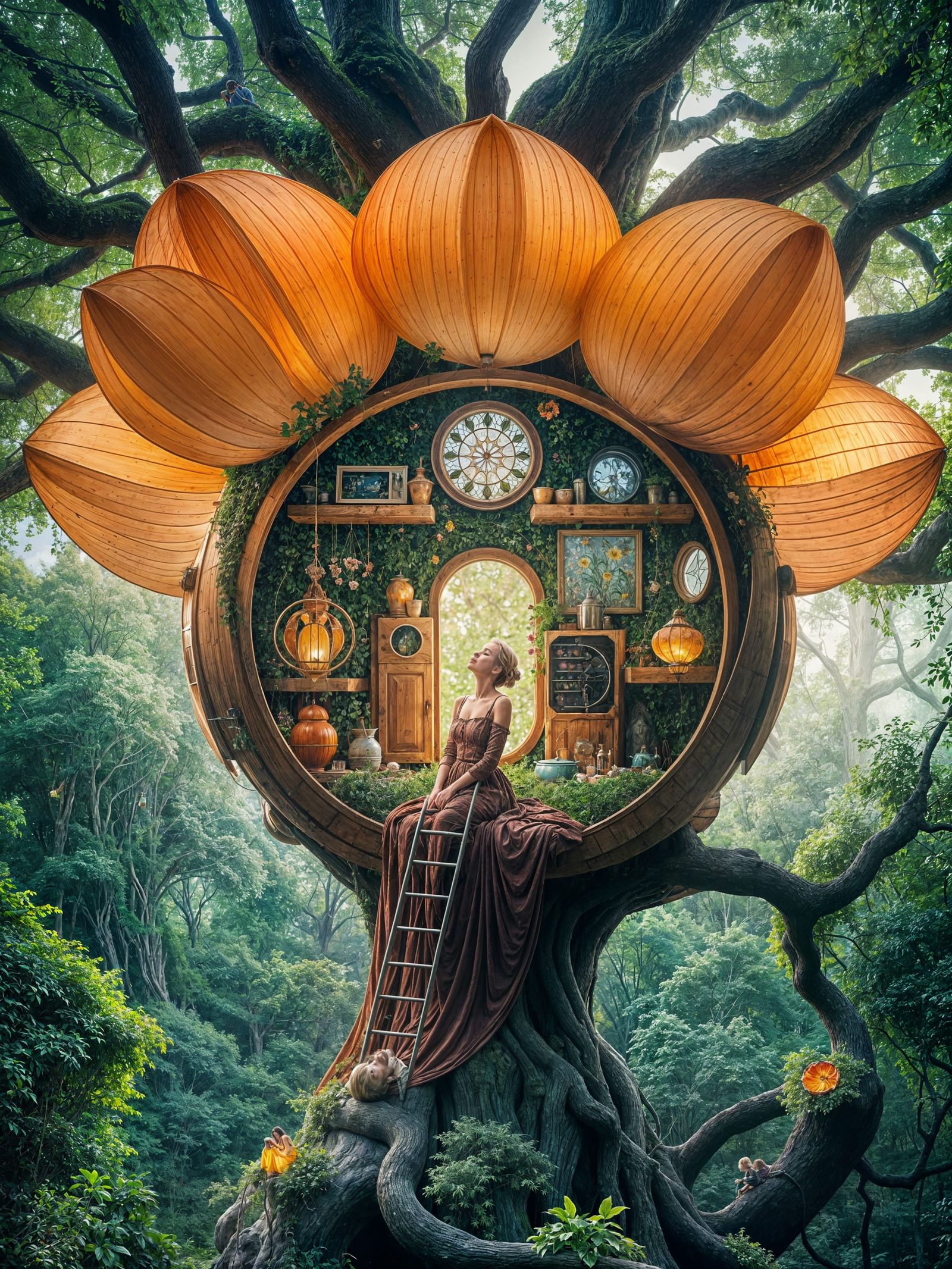 Whimsical Treehouse Amidst a Blooming Floral Wonderland