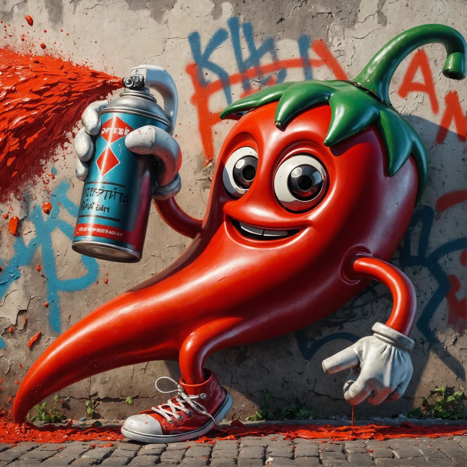 Animated Chili Pepper with Spray Paint, Oil Painting Style