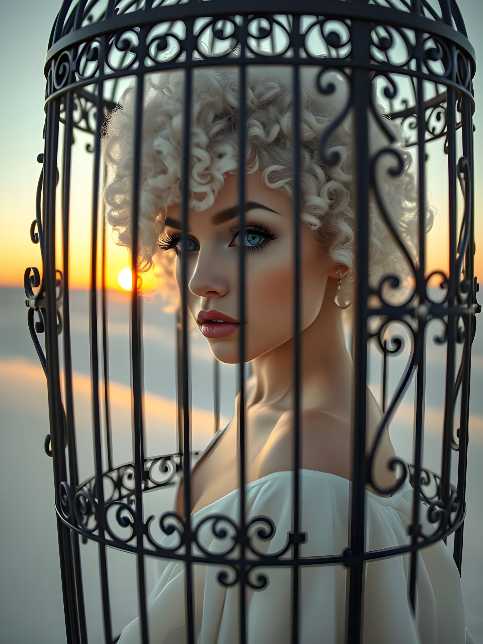 Albino Woman in Coal Cage with White Sand Landscape