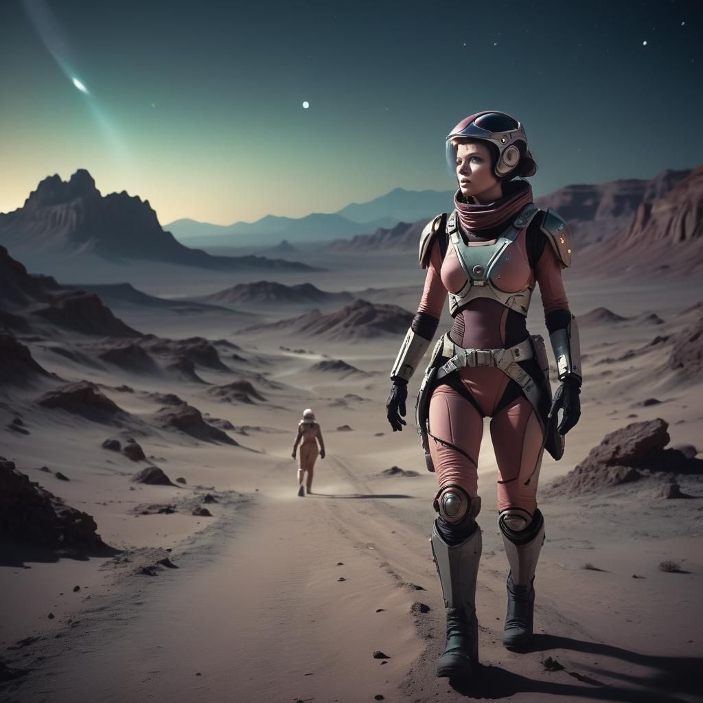 Intergalactic Agent on Distant World: Cinematic Film Still