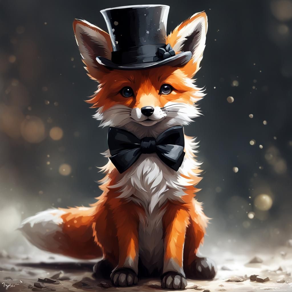 Fox Pup in Top Hat: Detailed Digital Art