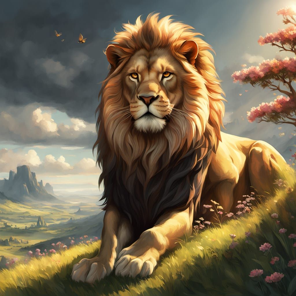 Lion with Wildflower Mane in Matte Painting Style