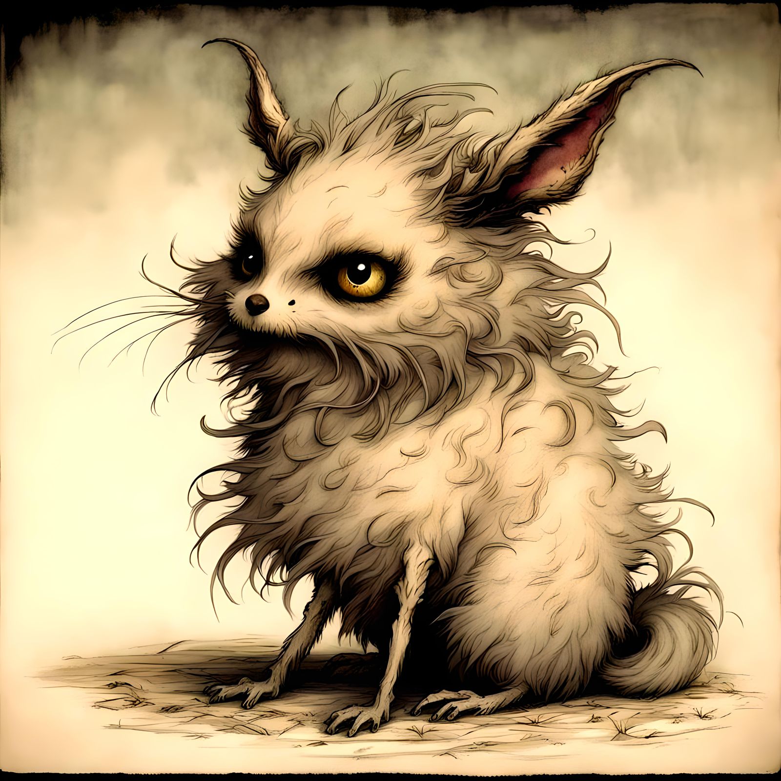 Scary adorable cute fluffy creature by Arthur rackham and ti...
