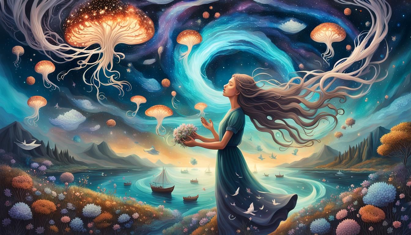 Woman Holds Galaxy in Surreal Anime Fairytale