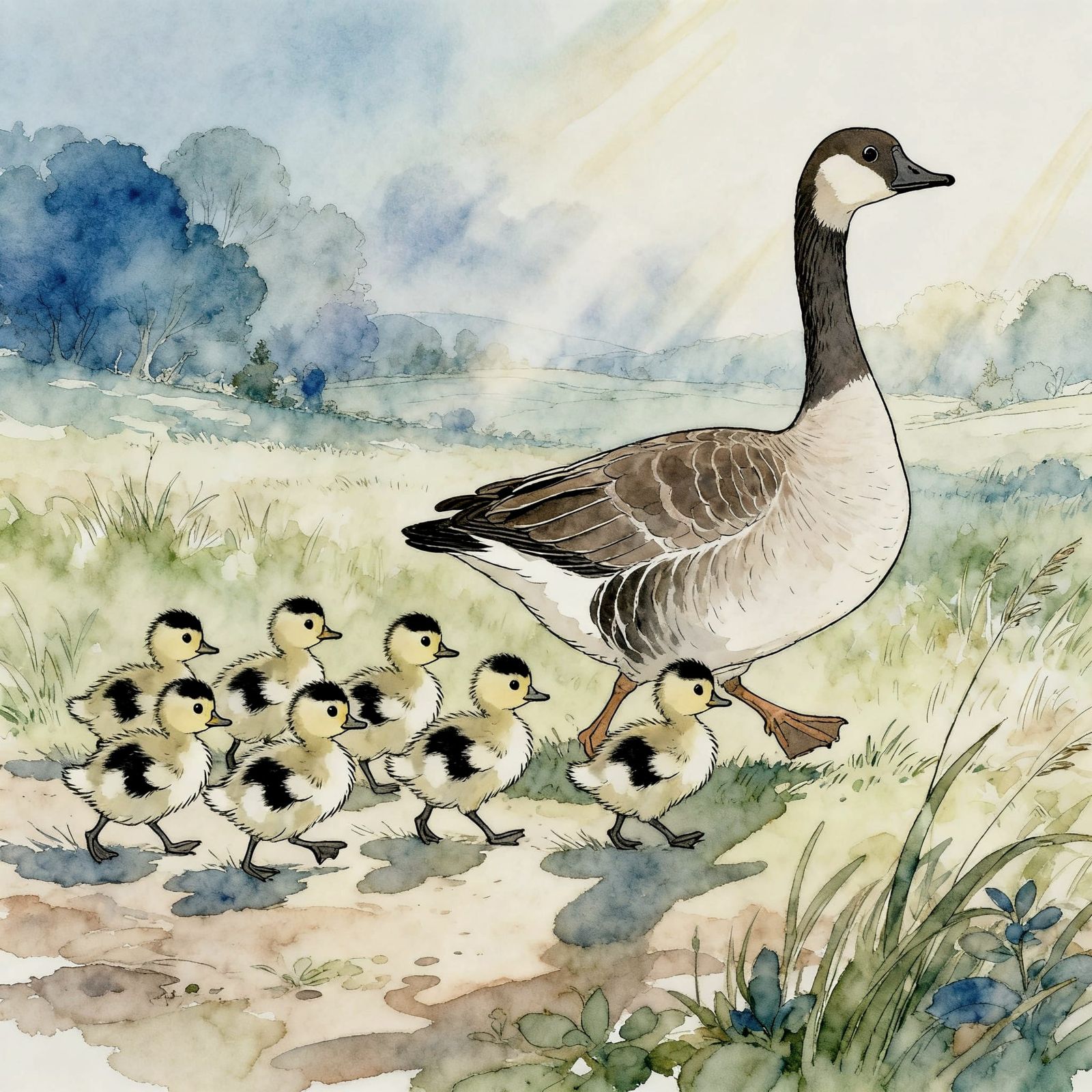Egyptian Goslings Follow Mother in Whimsical Watercolor Styl...