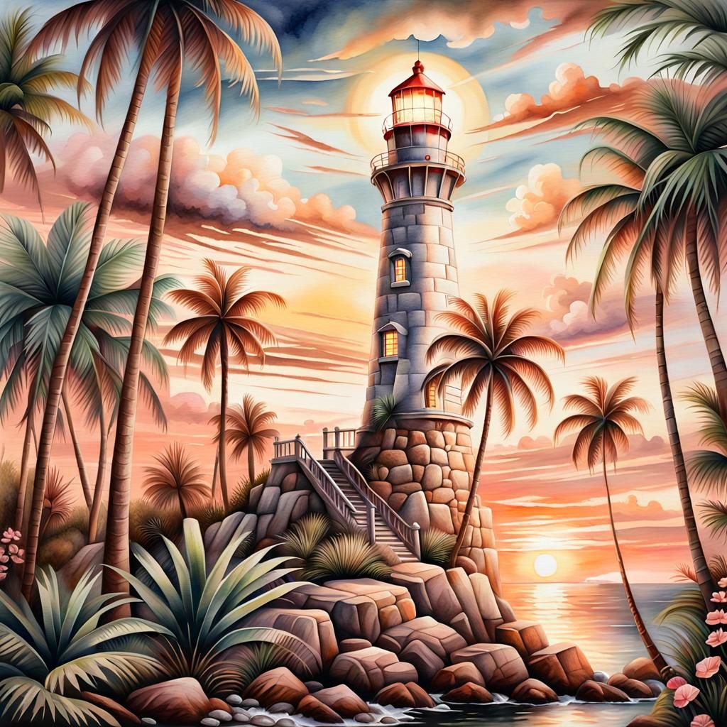 Tropical Lighthouse at Sunset in Watercolor Style