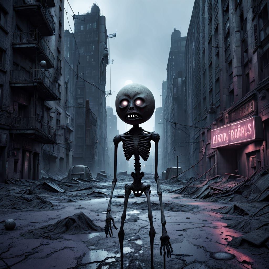 Surreal Dystopian City with Eerie Puppet Figure