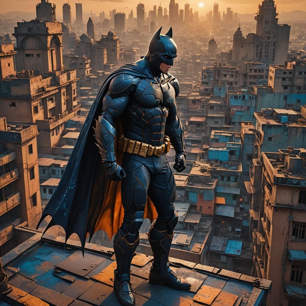 Batman Over Hyderabad Rooftop Sunset: Fantasy Art