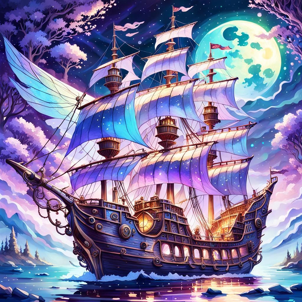 Enchanting Fairy Pirate Ship in Aurora Sky