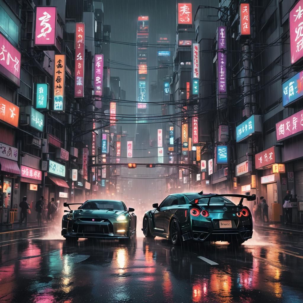 Neon GT-R R35 in Cyberpunk Cityscape