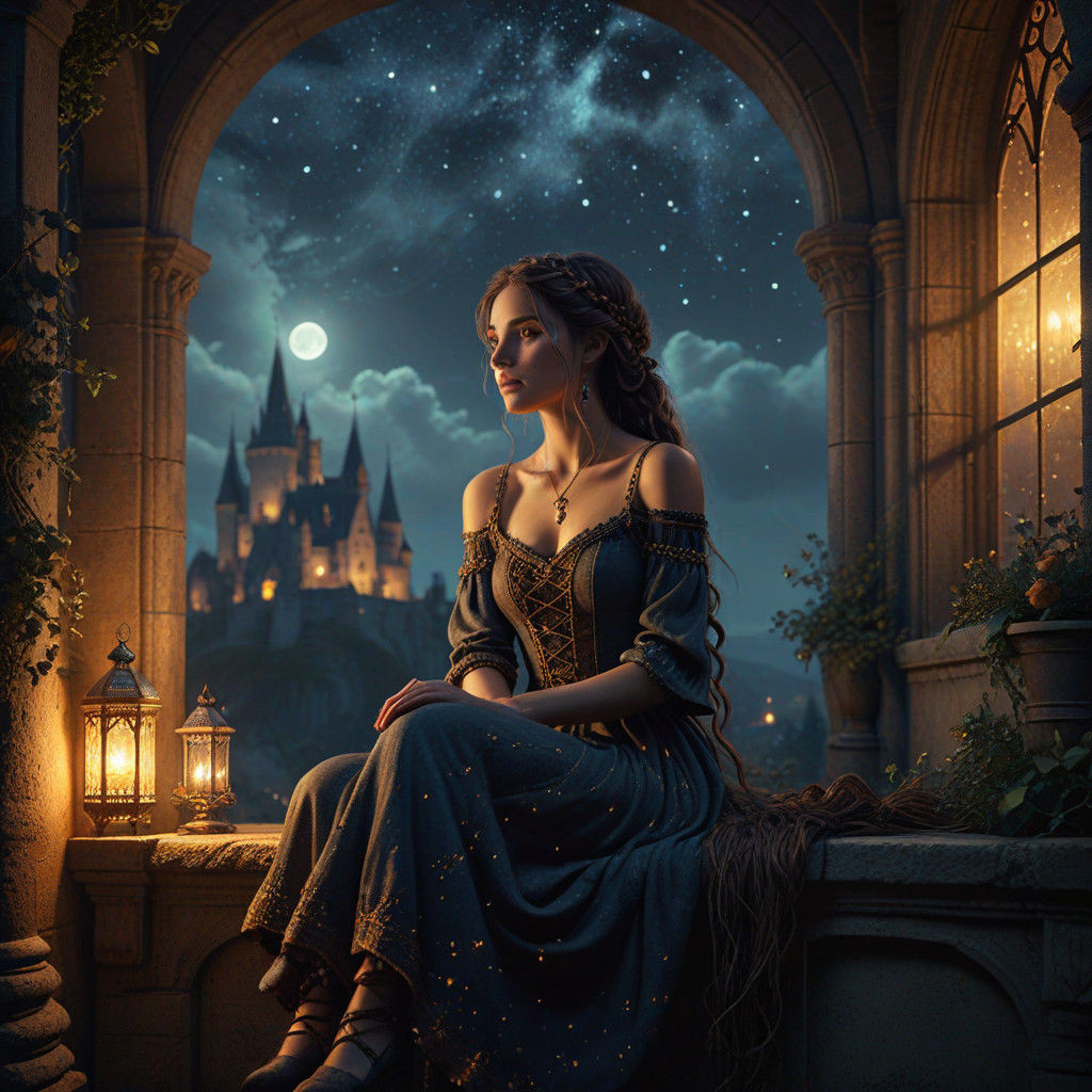 Whimsical Gypsy Girl on Gothic Castle Balcony, Medieval Boho...