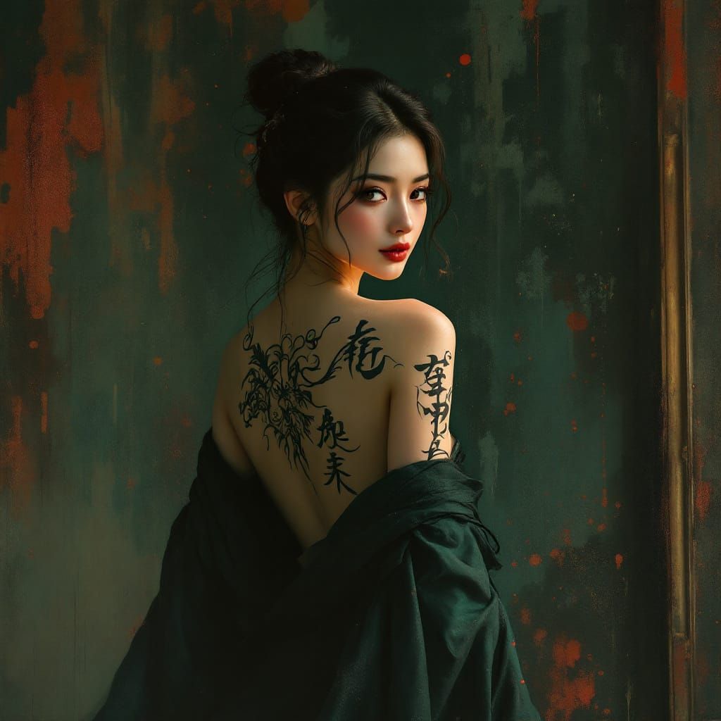 Enchantress in Emerald Kimono with Runic Tattoos
