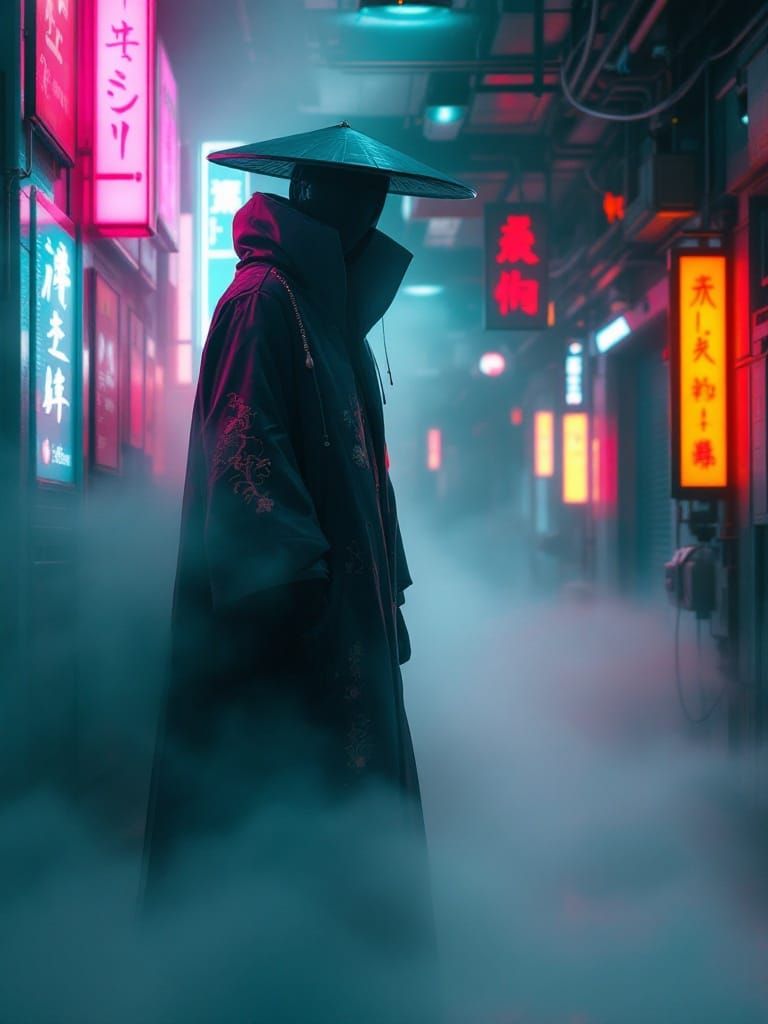 Cyberpunk Figure Emerges from Neon Fog