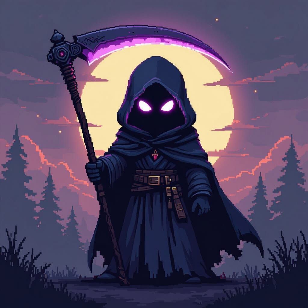 Pixel Art Shadow Reaper with Purple Scythe