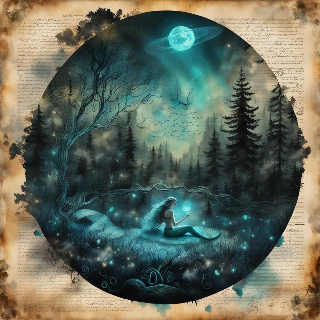 Luminescent Mermaid on Parchment with Forest Night
