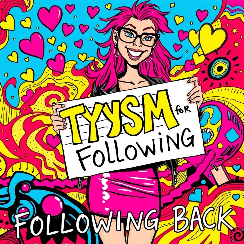 R. CRUMB STYLE A flat-chested female with long flowing NEON PINK hair, wearing BLACK rimmed glasses, a NEON PINK LEATHER...