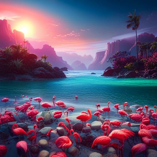 Flamingo Sea Sun in Detailed Matte Painting