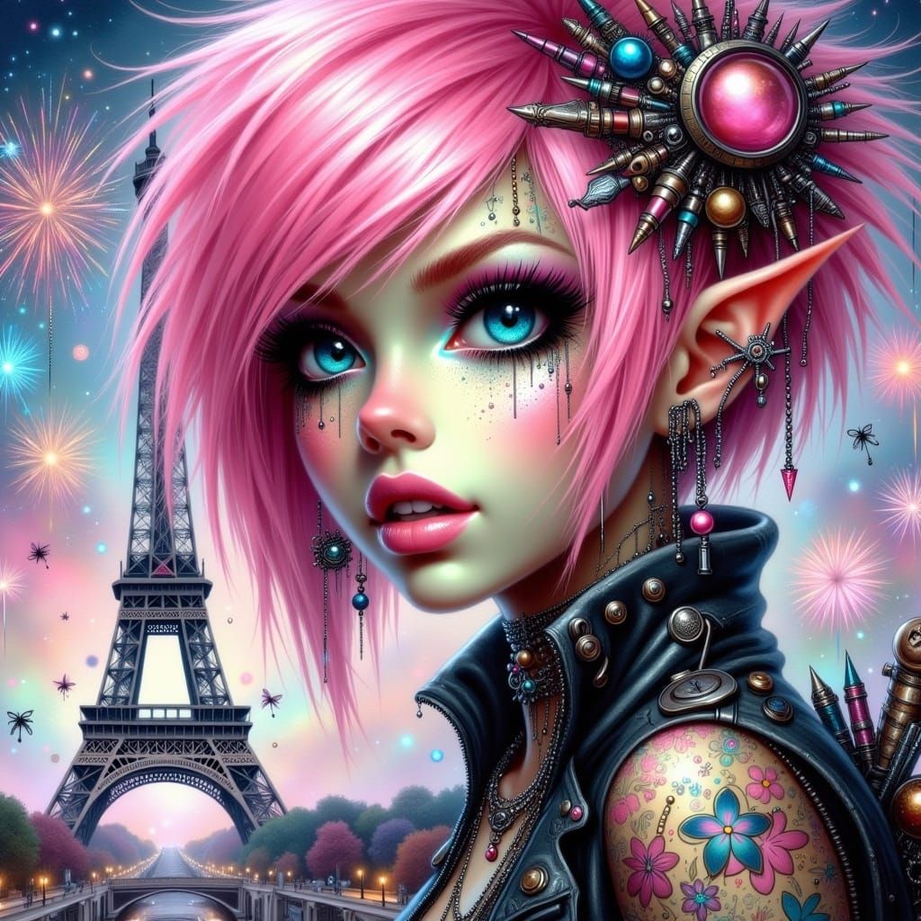 Vibrant Punk Girl Celebrates in a Neon Landscape
