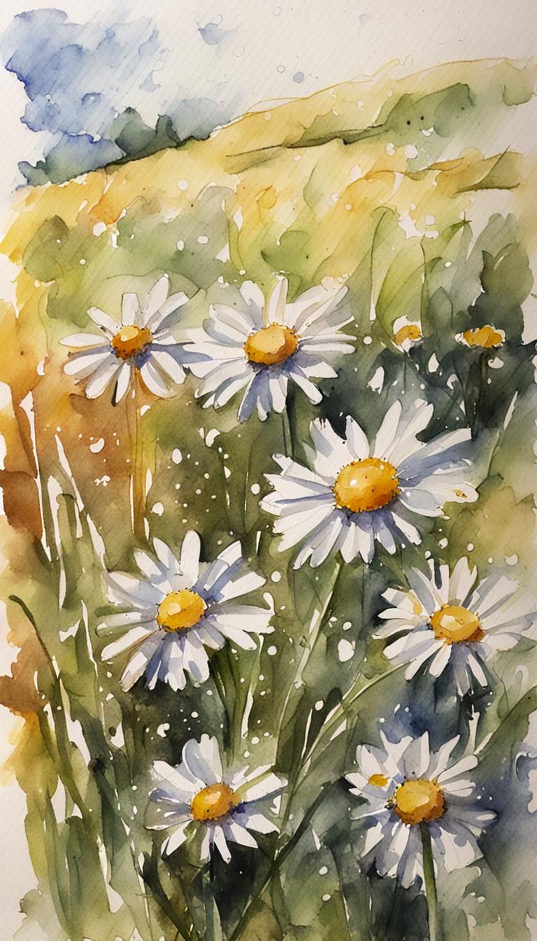 Watercolor Daisies Field: Wet Brush Sketch