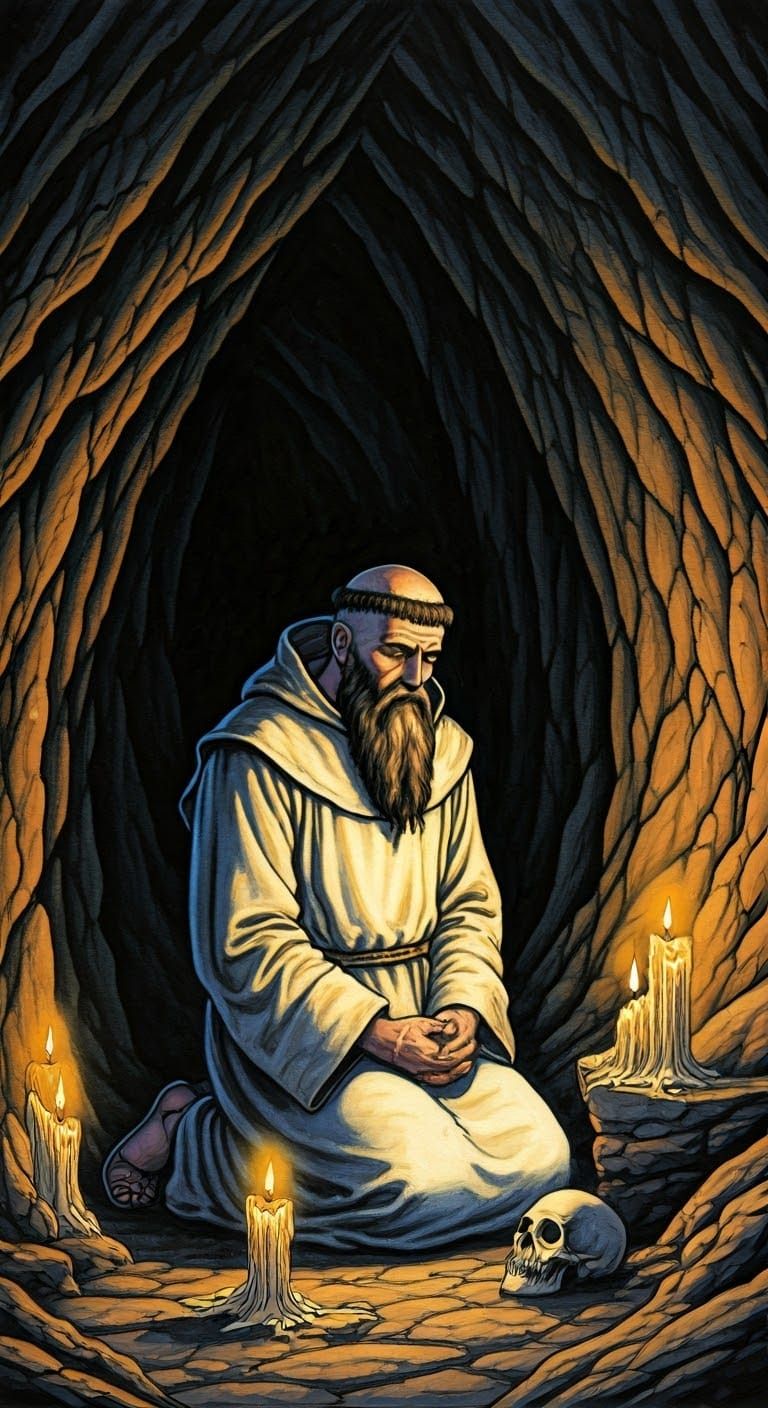 Carthusian Monk Meditating in Dark Fantasy Cave