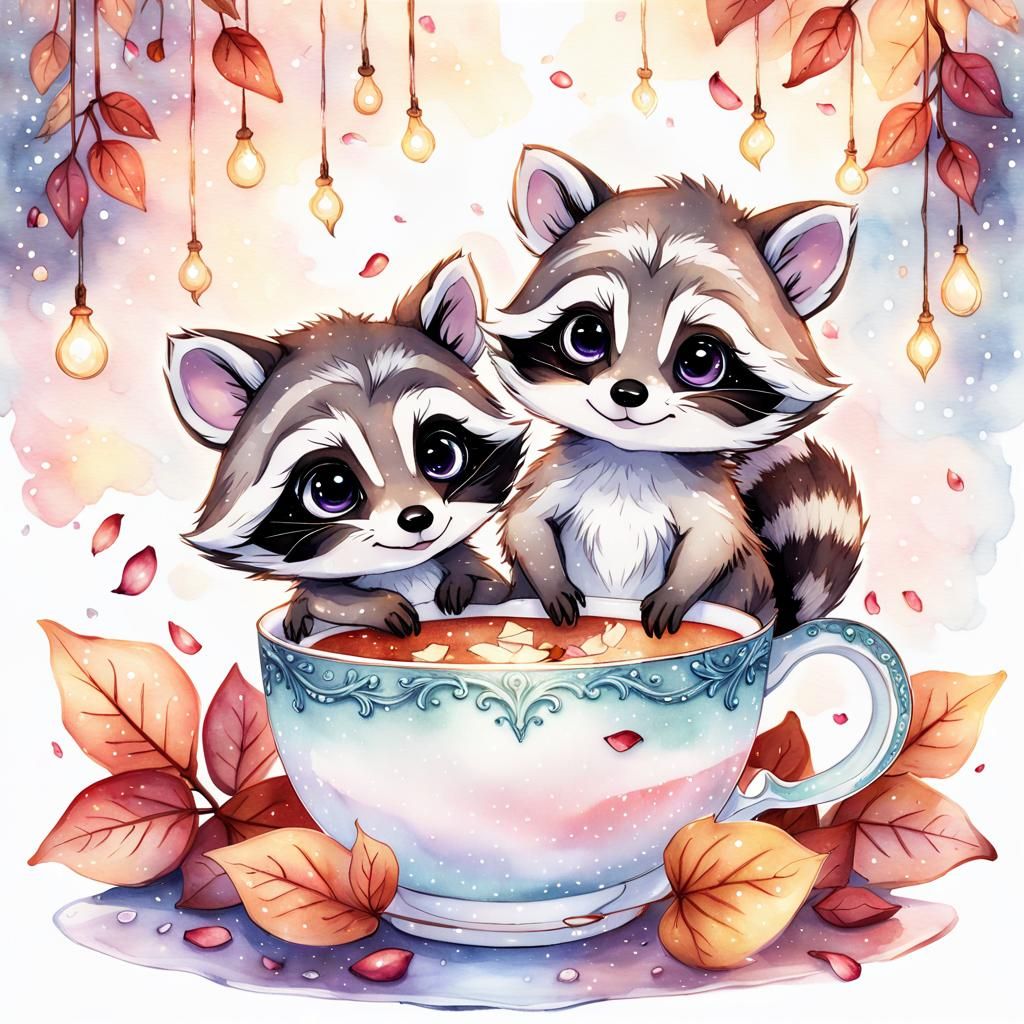 Chibi Raccoons in Teacup with Watercolor Forest