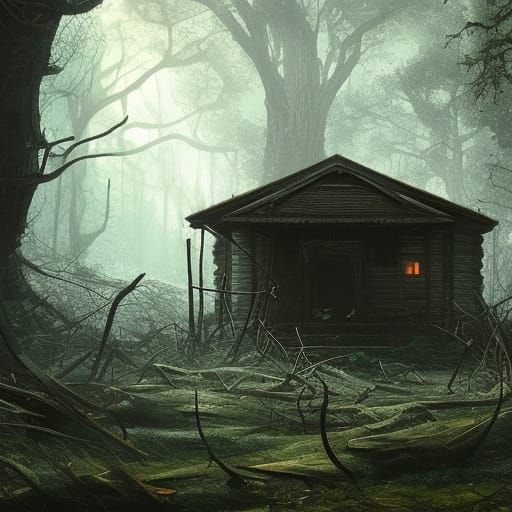 Derelict Cabin in Overgrown Woods: Dark Fantasy Art