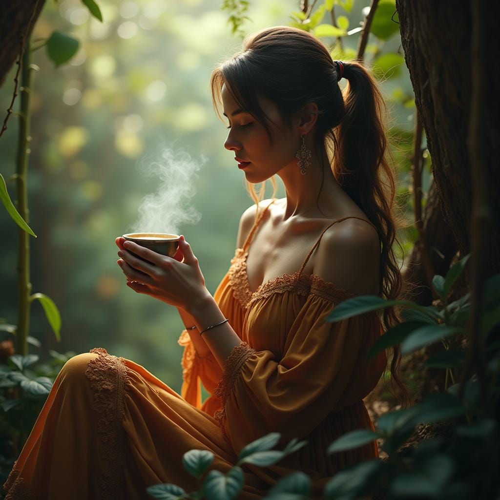 Hyperrealistic Woman with Coffee: Detailed Matte Painting