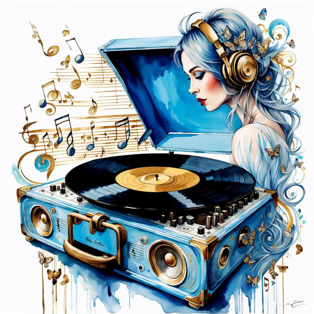 Lady Listening to Music With Vintage Record Player