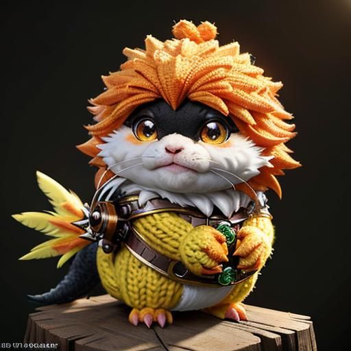 Cute Fluffy Yellow Baby Dragon in Knitted Yarn