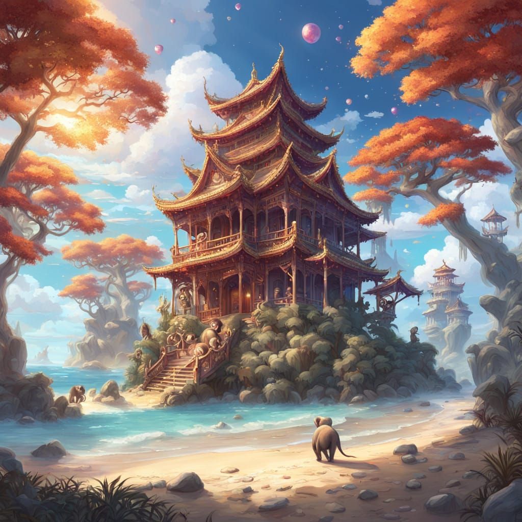 Surreal Jungle Oasis with Adorable Friends and Glittering Tr...