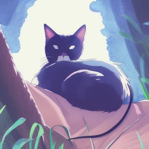 Sleeping Cat Watercolor in Studio Ghibli Anime Style